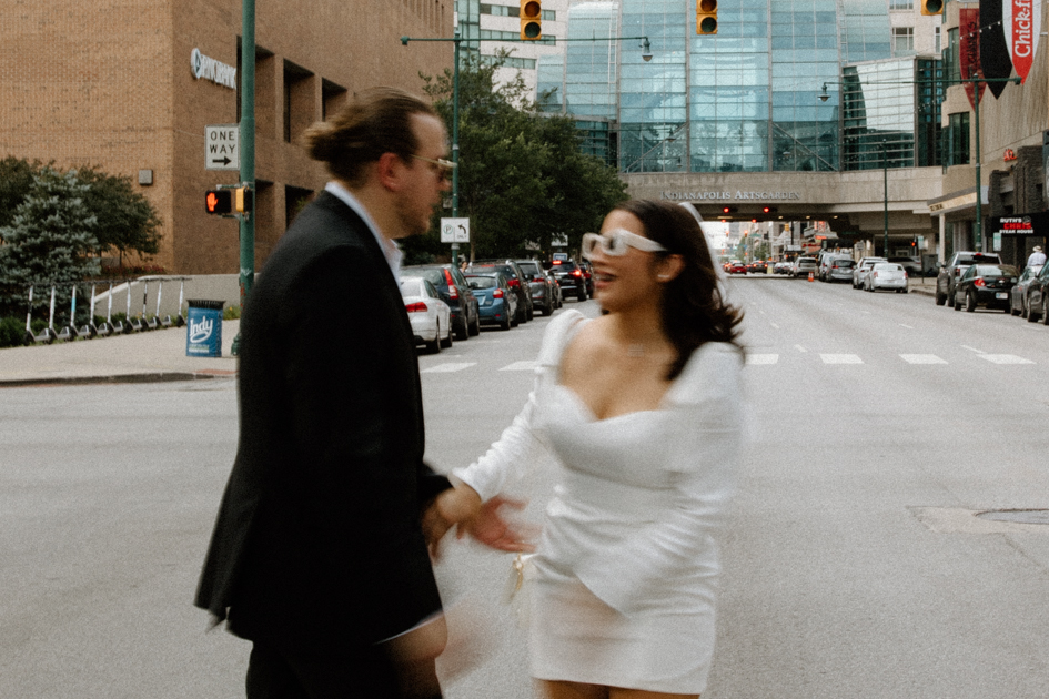 couple walking downtown indianapolis 