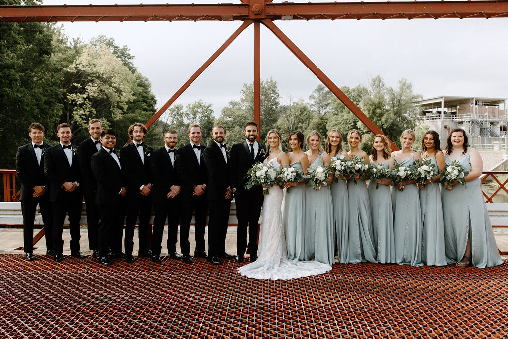 sage green and white color schemes wedding bridal party potraits 