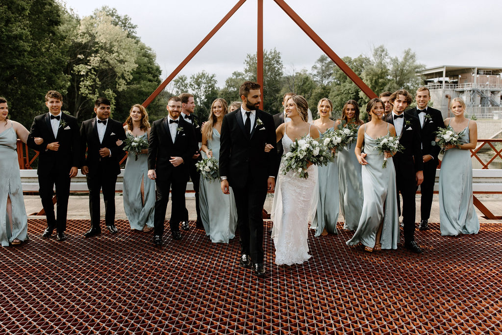 sage green and white color schemes wedding bridal party potraits 