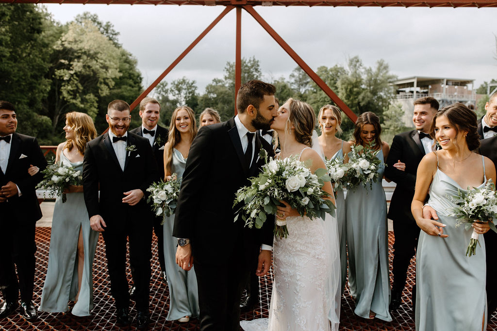 sage green and white color schemes wedding bridal party potraits 