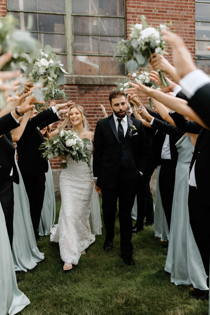 Sage green and white bridal party potraits before Indiana wedding