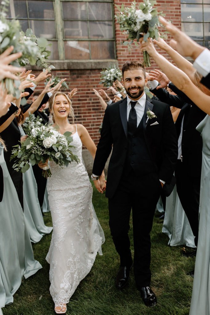 Sage green and white bridal party potraits before Indiana wedding