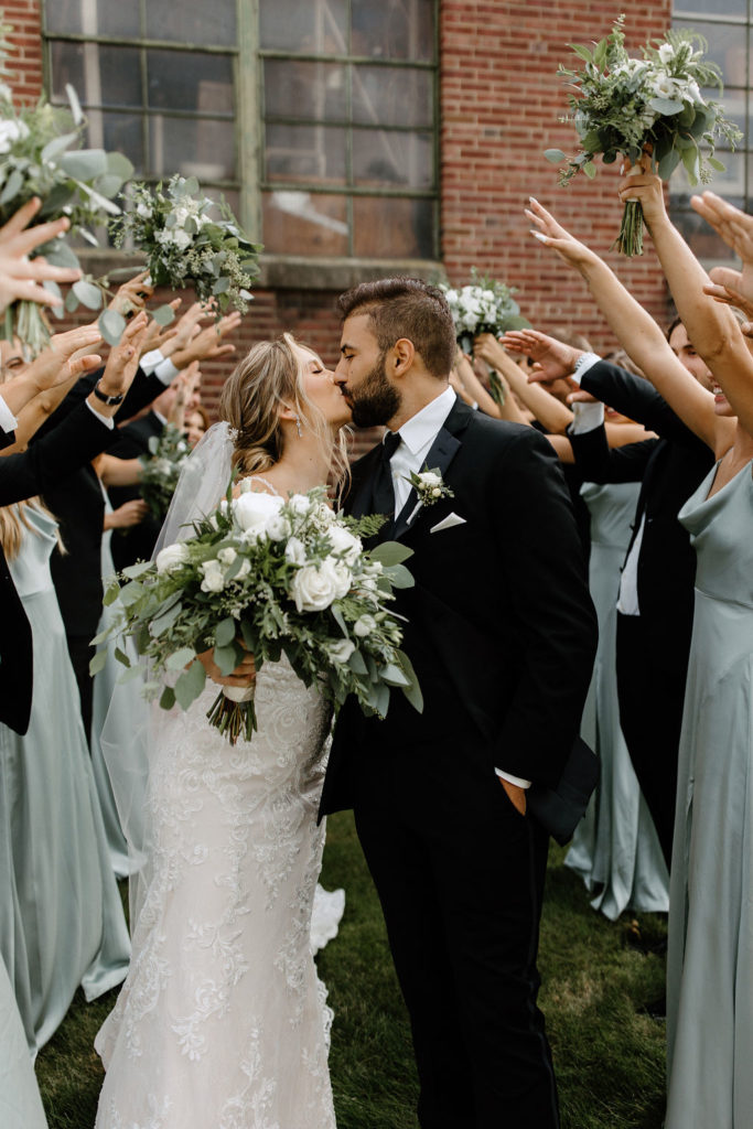 Sage green and white bridal party potraits before Indiana wedding