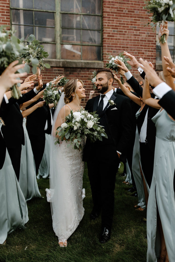 Sage green and white bridal party potraits before Indiana wedding