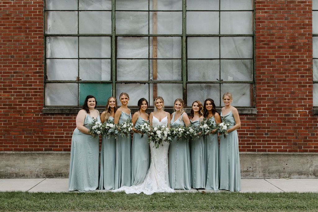 sage green and white color schemes wedding bridal party potraits 