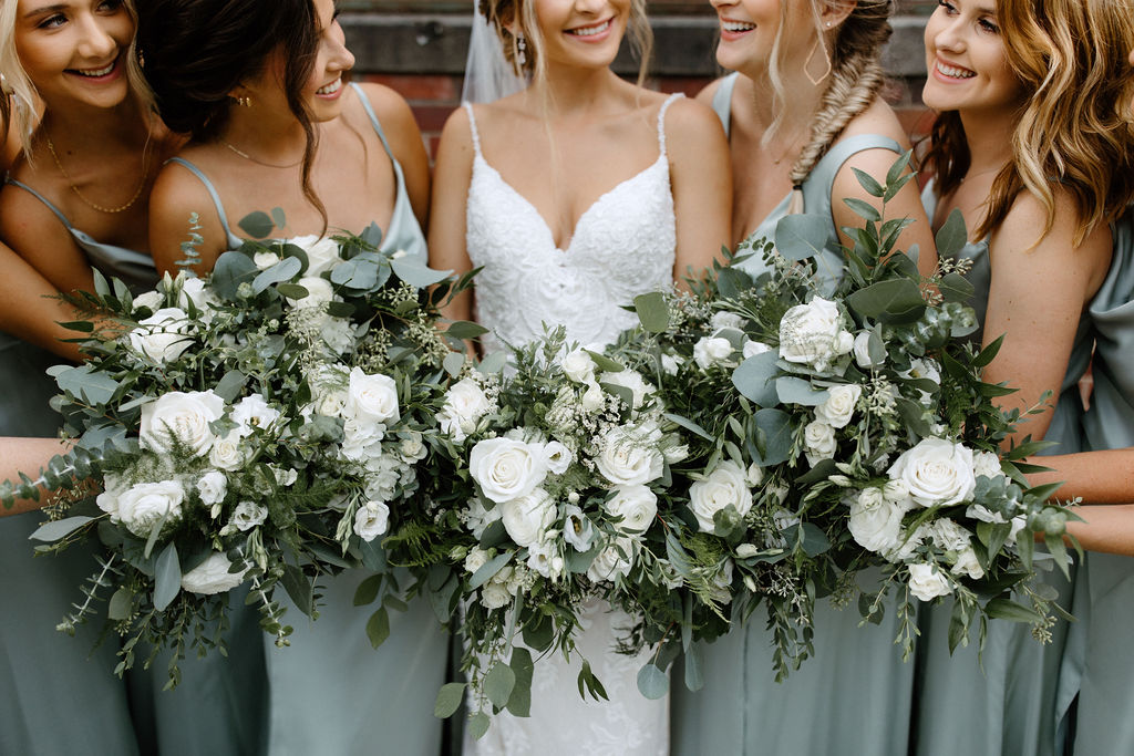 Sage green and white bridal party potraits before Indiana wedding