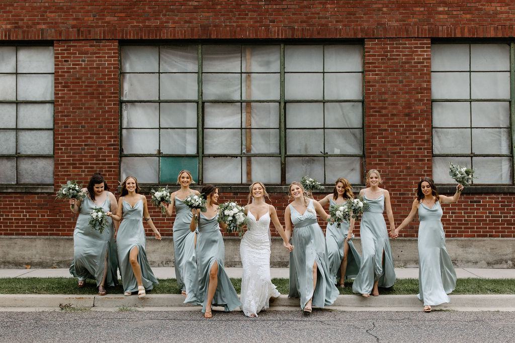 sage green and white color schemes wedding bridal party potraits 