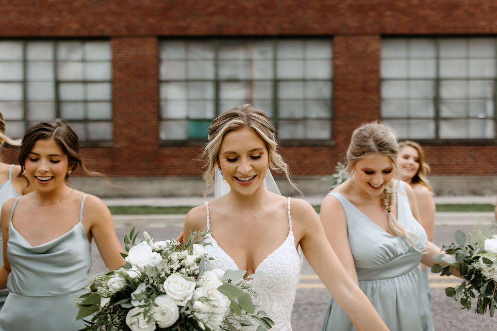 sage green and white color schemes wedding bridal party potraits 