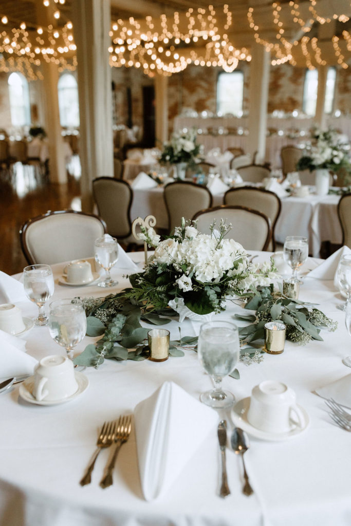 Sage green and white color schemes wedding table and decor