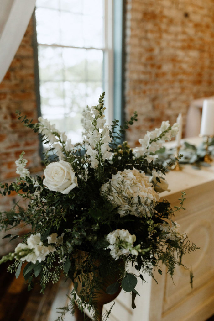 Sage green and white wedding florals