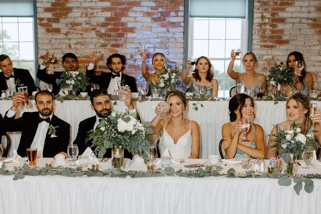 sage green and white color schemes wedding bridal party potraits 