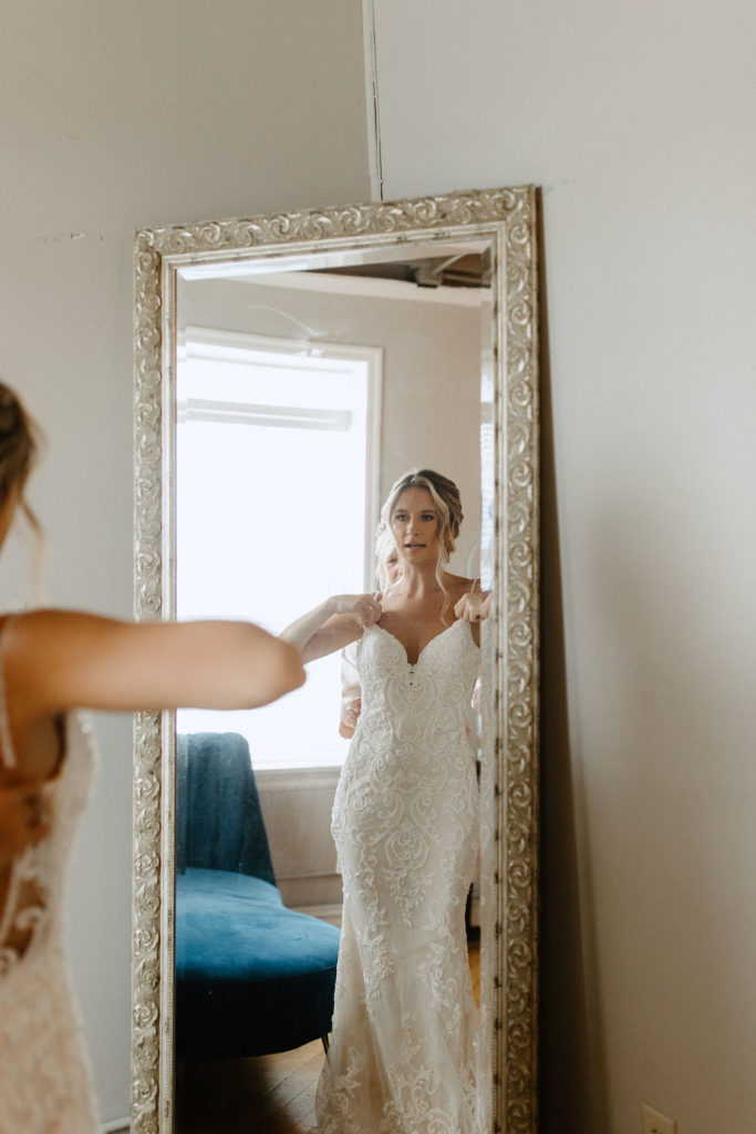 Bride getting ready before Indiana wedding ceremony at Bread and Chocolate wedding venue 