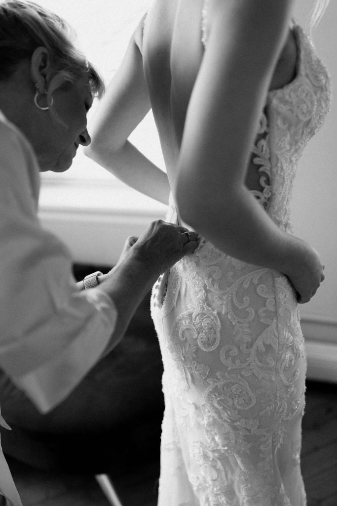 Bride getting ready before Indiana wedding ceremony at Bread and Chocolate wedding venue 