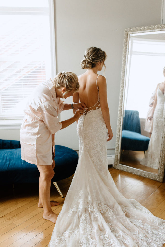 Bride getting ready before Indiana wedding ceremony at Bread and Chocolate wedding venue 