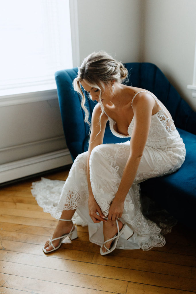 Bride getting ready before Indiana wedding ceremony at Bread and Chocolate wedding venue 