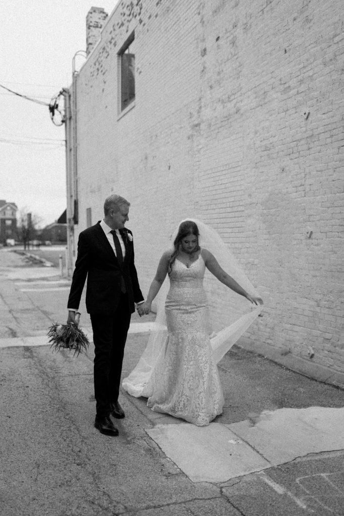 Bride and groom winter wedding portraits at The Hobson in Kokomo Indiana wedding venue