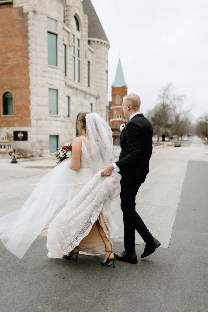 Bride and groom winter wedding portraits at The Hobson in Kokomo Indiana wedding venue