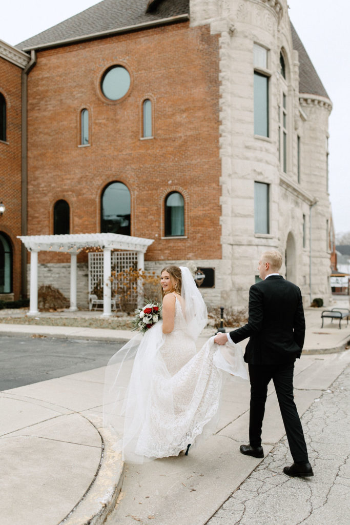 Bride and groom winter wedding portraits at The Hobson in Kokomo Indiana wedding venue