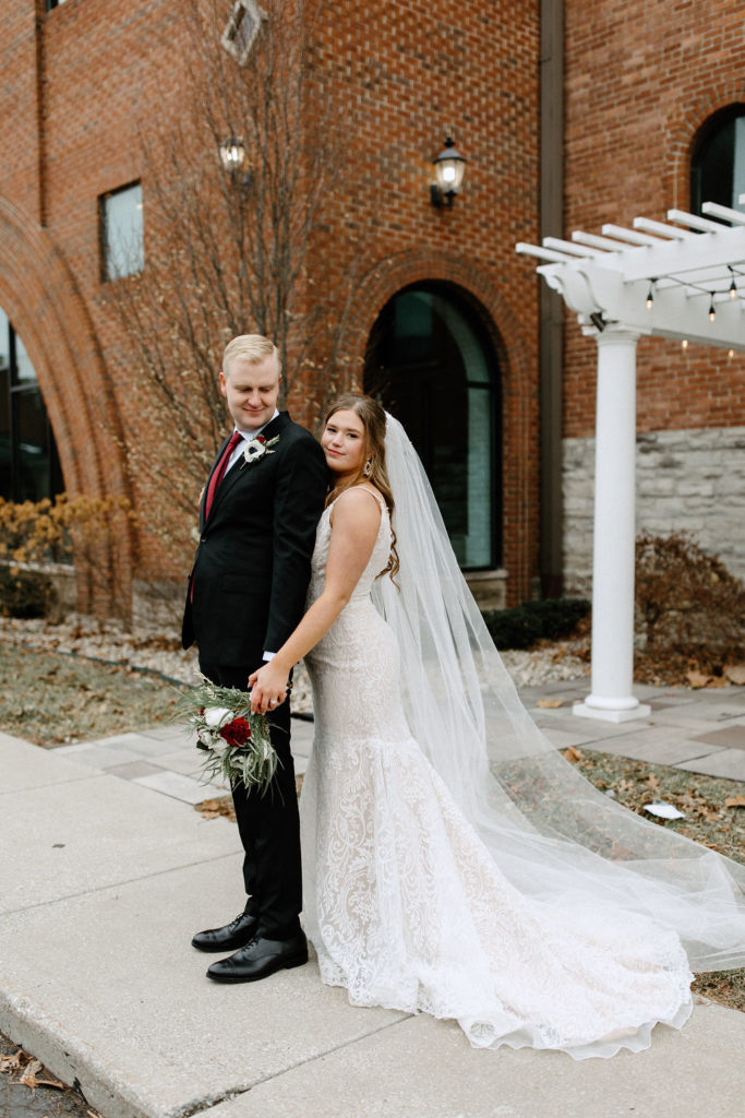 Bride and groom winter wedding portraits at The Hobson in Kokomo Indiana wedding venue