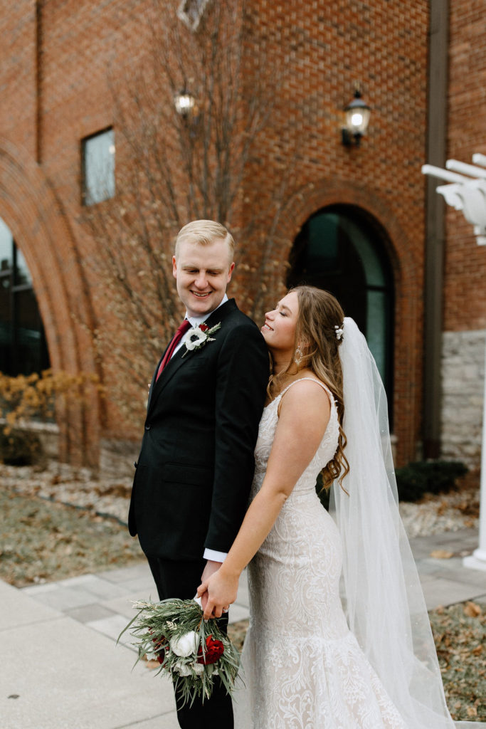 Bride and groom winter wedding portraits at The Hobson in Kokomo Indiana wedding venue