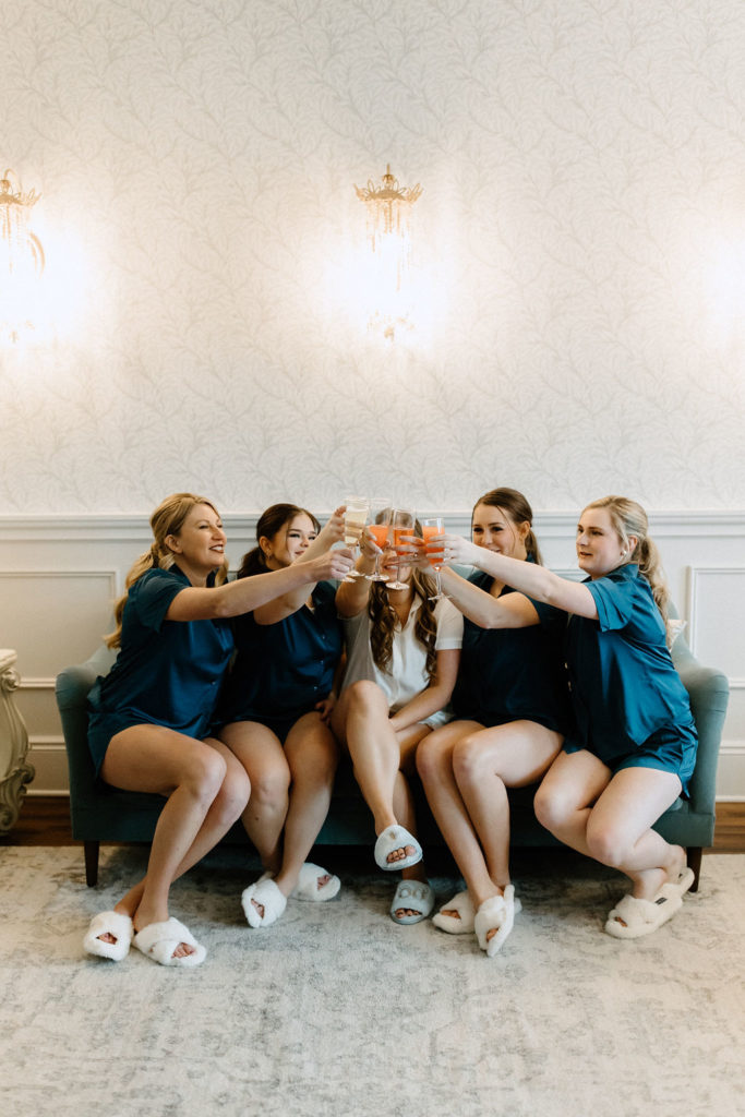 Bride and bridesmaids with champagne