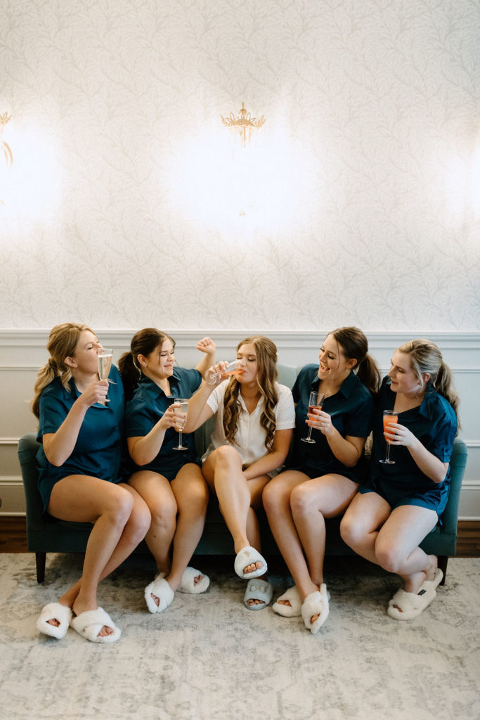 Bride and bridesmaids with champagne