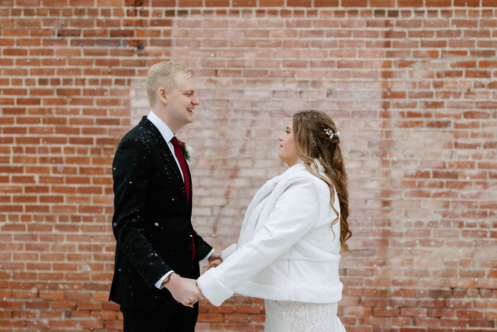 Bride and groom winter wedding portraits at The Hobson in Kokomo Indiana wedding venue