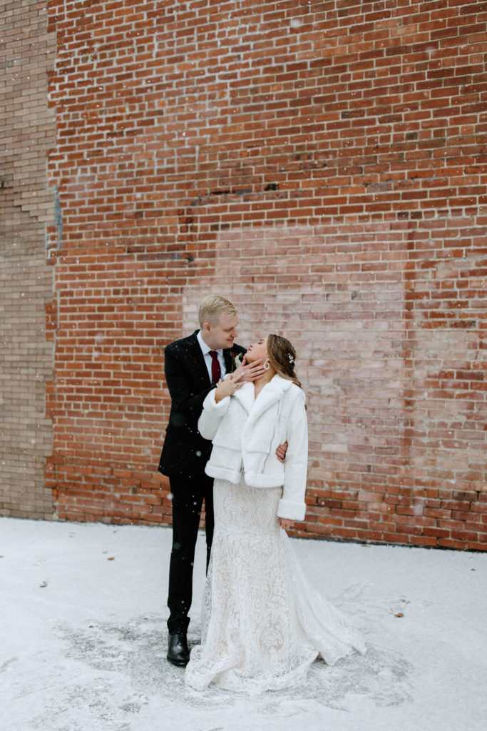 Bride and groom winter wedding portraits at The Hobson in Kokomo Indiana wedding venue