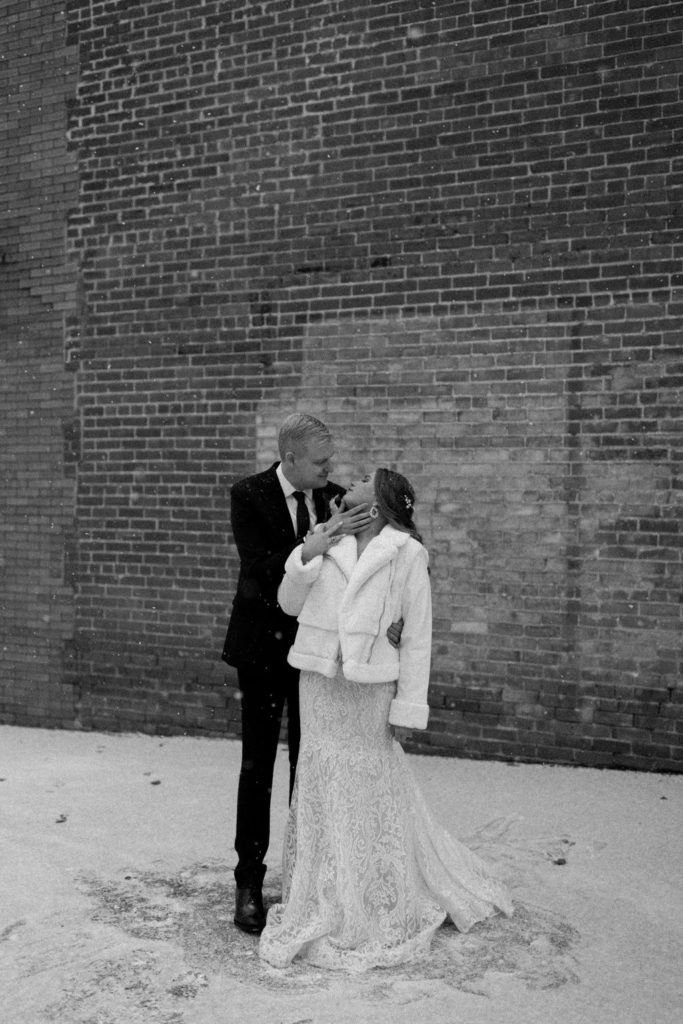 Bride and groom winter wedding portraits at The Hobson in Kokomo Indiana wedding venue