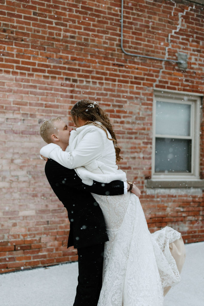 Bride and groom winter wedding portraits at The Hobson in Kokomo Indiana wedding venue