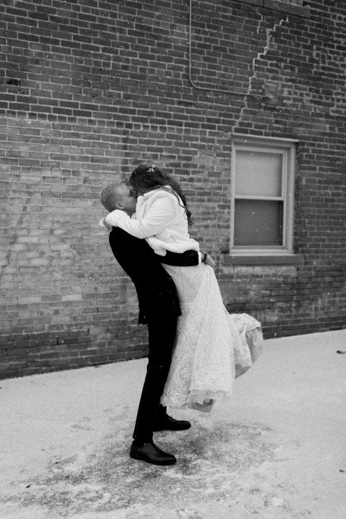 Bride and groom winter wedding portraits at The Hobson in Kokomo Indiana wedding venue