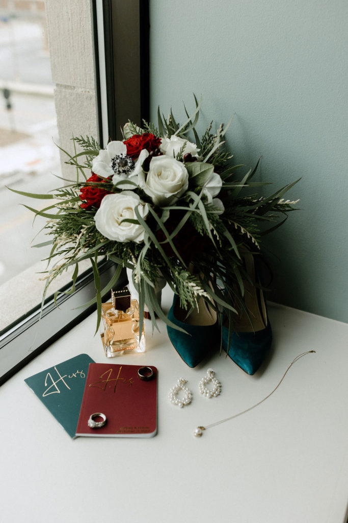 Red and green winter wedding details