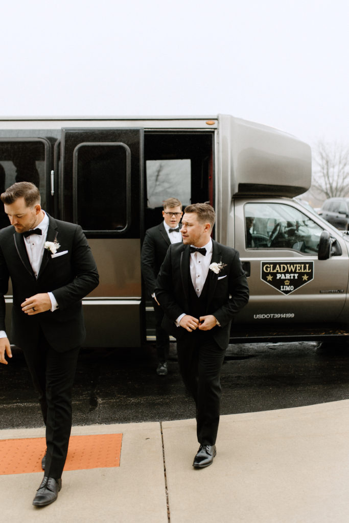 Groom on bus before wedding ceremony