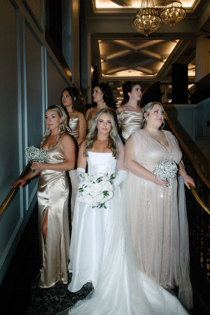Flash Wedding party portraits at carmel indiana wedding at hotel carmichael